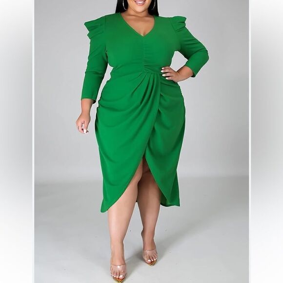 Women's Long Sleeve Irregular Dress Ruched Slit Plus Size Sexy V Neck Midi Dress - Picture 1 of 11